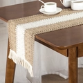 Cotton linen table runner with white lace and tassels on dark wood table - Brown - Ordinary Tassels / 30*50cm