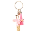 Pink resin letter T keychain with gold leaf flakes and matching pink tassel charm - Pink Gold Foil T