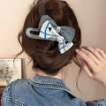 Pince à cheveux vintage en tissu gris avec nœud à carreaux bleus et petit cœur - env. 11.5cm / 3# Double Nœud à Rayures Bleues et Bleu Clair Pince à Bec de Canard
