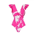Costume intero rosa con stampa a foglie bianche e maniche a volant eleganti - S / Costume intero