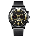 Fashionable men's luminous quartz watch with black mesh strap and gold-tone chronograph dial - Black Band Black Needle