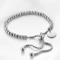 Adjustable 18K silver-plated stainless steel beaded bracelet with 10mm round charm tag - Steel