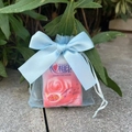 Light blue organza drawstring gift bag featuring a decorative large satin bow detail - Light Blue