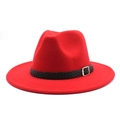 Macro shot of red wool fedora hat featuring black braided band and silver metal buckle - M (56-58cm) / Red