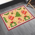 Christmas themed floor mat with red borders and holiday patterns on beige wood floor - Beige Classic Holiday(CHDT-2024-01244)