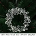 Transparent acrylic holly wreath Christmas tree ornament with silver hanging string 2 pack - 110mm Rattan Wreath