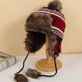 Detail of winter trapper hat with reindeer knit pattern and brown faux fur lining - M (56-58cm) / Black & Red Maple Leaf