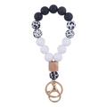 Llavero de pulsera de silicona con cuentas negras, blancas, de leopardo y cuenta de madera - Leopardo Blanco y Negro (Blanco)