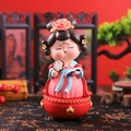 Traditional Chinese girl roly-poly ornament in red hanfu holding a fan and book - -36 Holding A Fan* / Ancient Style Ornament Series