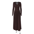 Detail of elegant dark brown V-neck maxi dress with pleated waist on mannequin - S / Brown