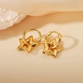 Polished gold star-shaped dangle earrings with sleek circular hoops on silk fabric - Five-pointed Star Pendant / Gold