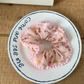 Lace scrunchie in light pink floral print with pom-pom trim and a ribbon bow detail - 4# Pink Floral Bow Scrunchie