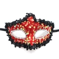 Masquerade mask in red iridescent sequins with black lace trim and silver bead detailing - Dragon Sequin Ribbon Style / Red