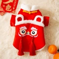 Red festive dog New Year outfit with lion dance embroidery and white faux fur collar - S / New Year Lion Dance Two-legged Outfit