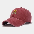 Vintage washed dark red baseball cap featuring sunflower embroidery and distressed finish - Adjustable / Burgundy