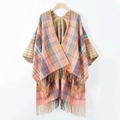 Bohemian knit poncho cape with pink chevron patterns and colorful tassel fringe - Pink Wave