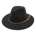 Detail of black wool fedora hat with a brown braided leather band and tassel fringe - M (56-58cm) / Black