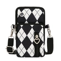 Bolso de mujer para móvil en tela Oxford con diseño de rombos blanco y negro y 3 cremalleras - Argyle Blanco y Negro