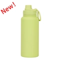 Light green vacuum insulated stainless steel water bottle with carry handle and screw cap - Lemon Green-Sports Style (New)