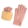 Pink knitted touch screen gloves with warm plush lining and reindeer leather patch - Style with Fur Cuff and Leather Tag / Pink