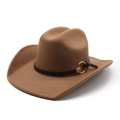Brown wool cowboy hat with curved brim and gold ring leather band accessory - M(56-58cm) / Khaki