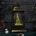 Detail der Vintage-Weihnachtslaterne mit grünem Baum und festlichem Bronze-Finish - Weihnachtsbaum