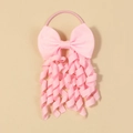 Detailed shot of pink grosgrain ribbon bow with spiral streamers and elastic hair tie - Pink