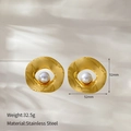 Golden irregular wavy stainless steel earrings with white pearl detail, 52mm diameter - 14# Gold Wave Pearl Stud Earrings