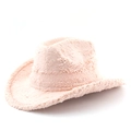 Macro view of a soft pink shaggy faux rabbit fur western cowboy hat with wide brim - M (56-58cm) / Watermelon Pink