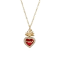 Golden necklace with red enamel sacred heart pendant and sparkling zircon stones - Sacred Heart Flame Enamel Red Heart Style (YS-231117-6)