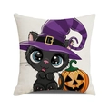 Halloween throw pillow cover featuring cute black cat with purple wizard hat and pumpkin - Witch Hat Cat and Pumpkin