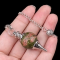 Natural green and pink crystal ball pendulum with silver chain and metal components - Unakite