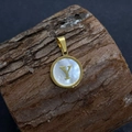Golden round pendant with natural white shell inlay featuring the letter Y on wood - Letter Y / 17x20mm
