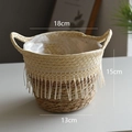 Two-tone woven seagrass basket with tassels, 18cm top diameter and dual handles - Small Tapered Tassel Beige 18CM