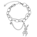 Detailed view of triple-layer silver chain bracelet with punk mechanical bunny pendant - Style 12-Cyber Rabbit