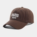 Close-up of white 3D embroidery showing PARIS and FRENCH on dark brown cotton baseball cap - Dark Brown