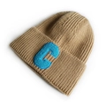 Chic camel knitted beanie with blue letter C embroidery and thick ribbed texture - Dark Khaki