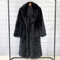 Women's long faux fur coat in black with elegant notched lapel, winter outerwear style - S / Black