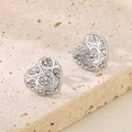 Silver heart-shaped stud earrings with micro-set zircon and hollowed-out vintage textures - Steel Color (KE115567-KFC)