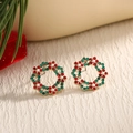 Christmas wreath stud earrings with red and green rhinestones on gold metal base - Colorful Rhinestone Wreath (EAR0024)