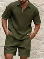 Detail of olive green waffle knit fabric on men's sleeveless polo shirt and shorts set - Army Green