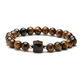 Natural yellow tiger eye bead bracelet with geometric center stone and silver metal spacers - Tiger's Eye