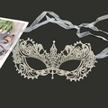 Silver grey lace masquerade mask with sparkling rhinestones and ribbon ties - One Size / Silver (Gauze Tie)