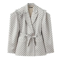 Polka dot blazer met pofmouwen en tailleriem in wit en zwart patroon - S / Wit