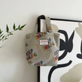Beige corduroy handbag with Keep Smiling print and snap button for daily lunch - Grey Green