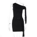 Detail view of black one-shoulder slim dress featuring side ribbons and pleated fabric - S / Black