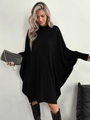 Close-up of black turtleneck knit dress with batwing sleeves and ribbed texture material - S / Black