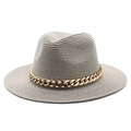 Classic grey straw hat with a bold gold chain band for summer sun protection - M (56-58cm) / Gray