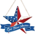 Star-shaped wood American flag hanging sign with God Bless America text and rope - God Bless America Star