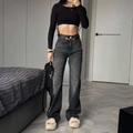 Jeans a zampa a vita alta con stampa leopardata nera per un abbigliamento donna alla moda - S / Stampa leopardata